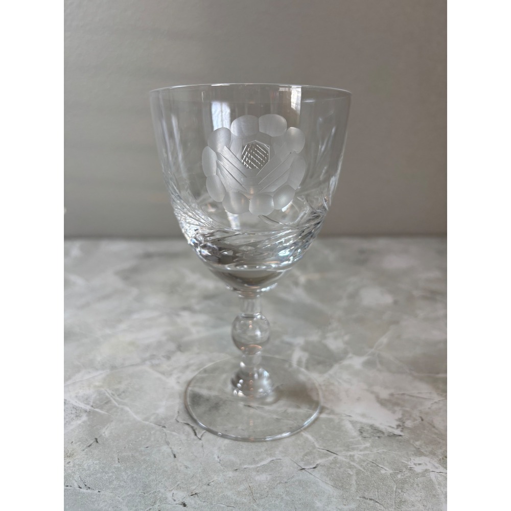 Vintage Etched Crystal Wine Goblet‎ Floral Wheat Design Ball Stem 5.5 Inch